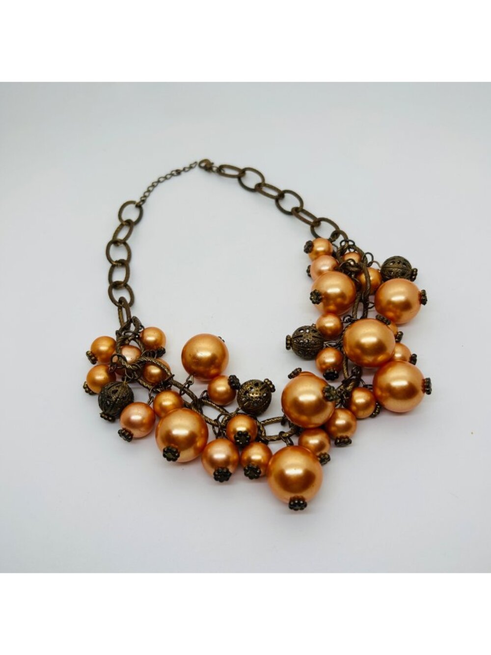 Chunky Cluster Bib Necklace Bronze Tone Orange Acrylic Faux Pearl Statement